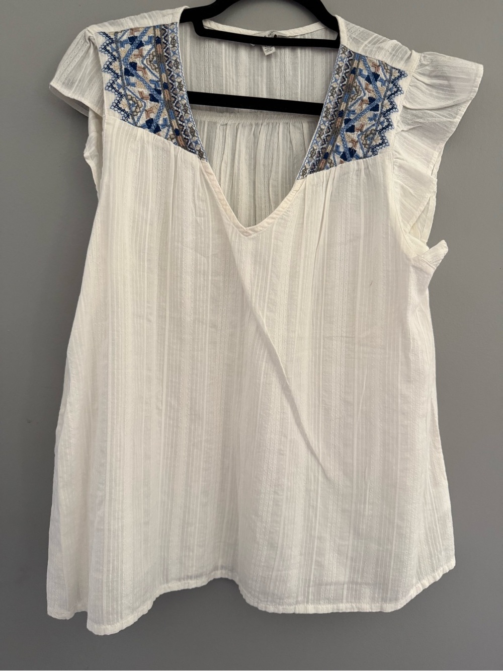 Lucky Brand White Peasant Top with Blue Embroidered Yoke